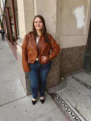 Brown Leather Antique Button Crop Jacket